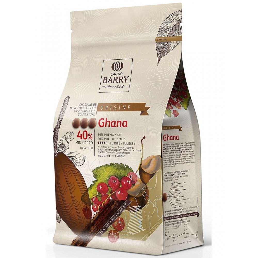 Origine Ghana 40,5% - Chocolat de couverture lait en pistoles 1kg BARRY
